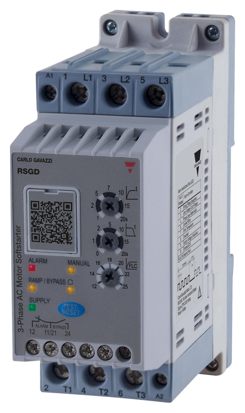 CARLO GAVAZZI RSGD4025E0VD200 Soft Starter, 2/3-Phase, 25 A, 110 to 400 VAC, 11 kW, IP20, RSGD Series