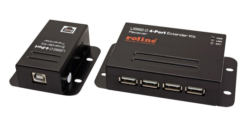 ROLINE 12.04.1101 USB over RJ45 Extender, 4 Port, USB 2.0 over RJ-45, 480 Mbps, 24 VDC, 50 m, Metal Case, Black
