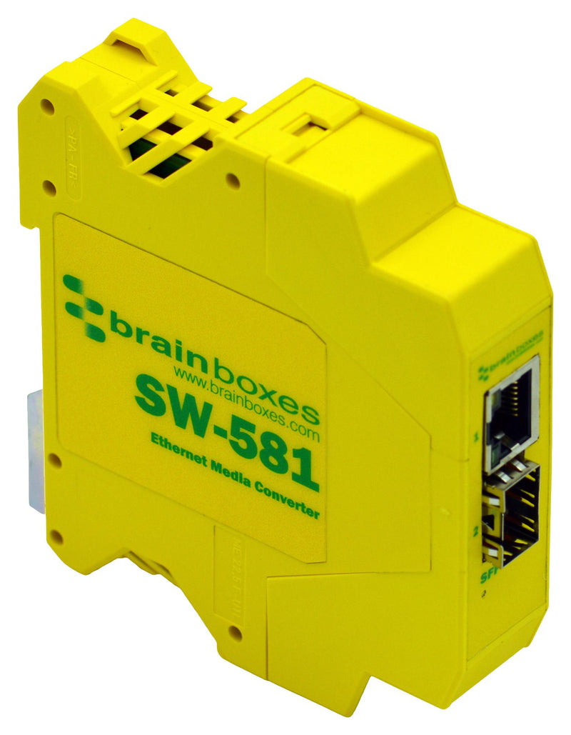 BRAINBOXES SW-581. Switch, 2 Ports, Industrial, Gigabit Ethernet, DIN Rail, RJ45 x 1, SFP x 1