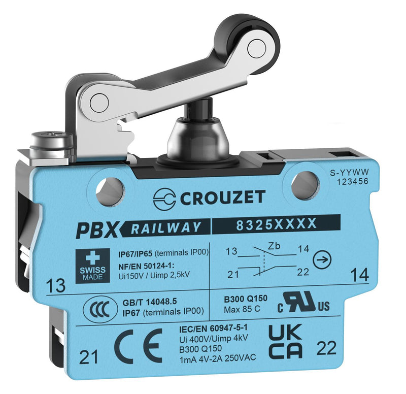 CROUZET 83254223 Microswitch, IP67, Standard, Roller Lever, SPDT-DB, Screw Clamp, 2 A