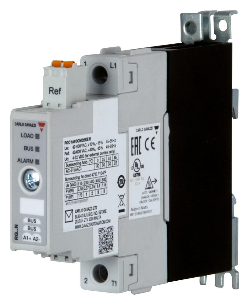 CARLO GAVAZZI RGC1A60CM32KEN Solid State Relay, SPST, 30 A, 660 VAC, DIN Rail, Panel, Screw, Zero Crossing
