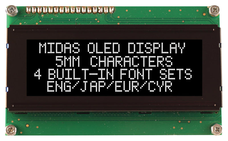 Midas Displays MCOB42005A1V-EWP MCOB42005A1V-EWP Alphanumeric Oled 20 x 4 White on Black 3V to 5V Parallel English Cyrillic Euro Japanese