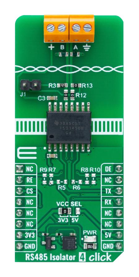 MIKROELEKTRONIKA MIKROE-6316 Add-On Board, RS485 Isolator 4 Click, ISO1450, RS-485 Transceiver, UART, 3.3V/5V in