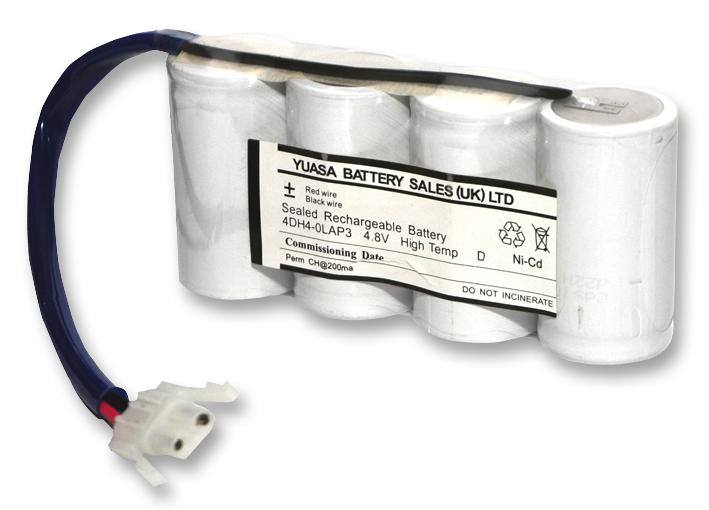 YUASA 4DH4-0LAP3 Rechargeable Battery, High Temperature, Single Cell, 4.8 V, Nickel Cadmium, 4 Ah, 4 x D, Wire Leads