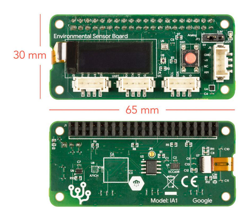 CORAL G650-04023-01 Environmental Sensor Board, HDC2010, OPT3002, BMP280, ATECC608A, Raspberry Pi and Coral Dev Board