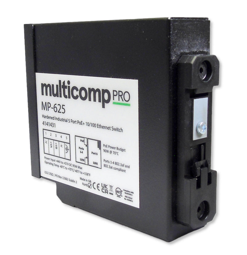 Multicomp PRO MP-625 MP-625 Switch 5 Ports Industrial Unmanaged PoE Fast Ethernet DIN Rail RJ45 x 10Mbps 100Mbps New
