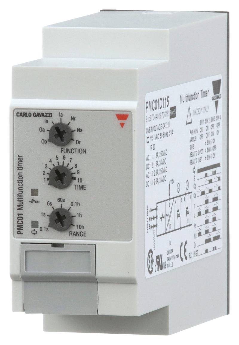 CARLO GAVAZZI PMC01C115. Analogue Timer, PMC01 Series, Multifunction, 7 Ranges, 0.1 s, 100 h, 1 Changeover Relay