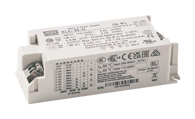 MEAN WELL XLC-25-H-BN LED Driver, IO AdjW/3in1 Dim,NFC, LED Lighting, 25 W, 54 V, 1.05 A, Constant Power, 110 V