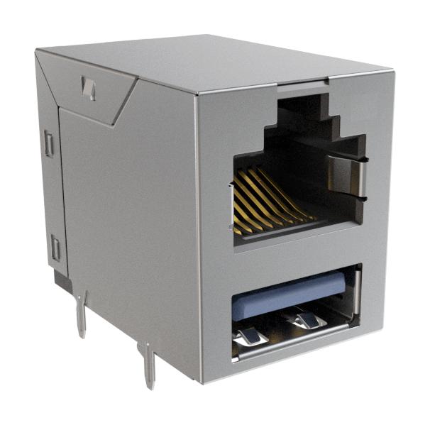 AMPHENOL COMMUNICATIONS SOLUTIONS RJE361882407 Modular Connector, RJ45 Jack with USB, 2 x 1 (Stacked), 8P8C, Cat3, Cat5, PCB Mount