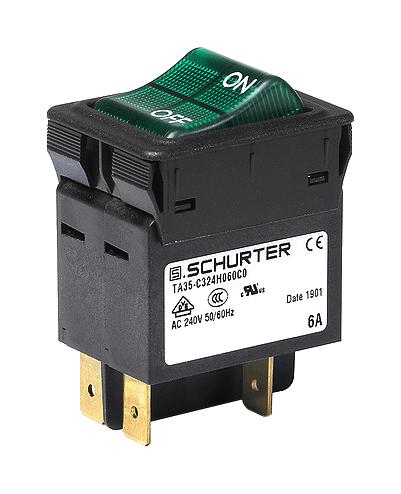 SCHURTER 3-150-705 Thermal Magnetic Circuit Breaker, White Rocker Actuator, TA35 Series, 10 A, 2 Pole, 60 V, 277 V