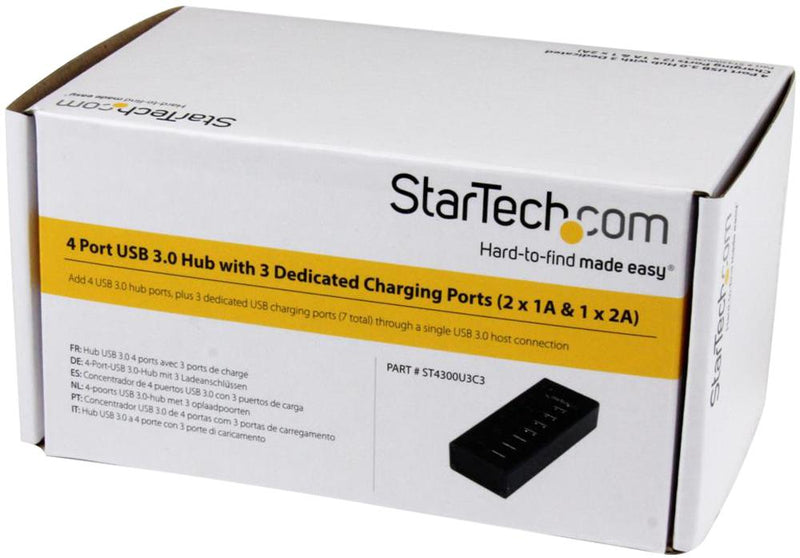 STARTECH ST4300U3C3 4 Port USB 3.0 Hub with 3x USB Charging Ports - Wall Mountable Mains Powered, NA, EU, UK GTIN UPC EAN: 0065030854634