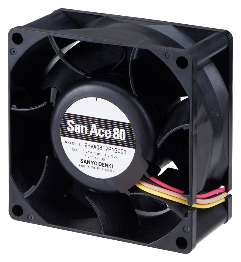 SANYO DENKI 9HVA0812P1G001 DC Axial Fan, 12 V, Square, 80 mm, 38 mm, Ball Bearing, 132 CFM