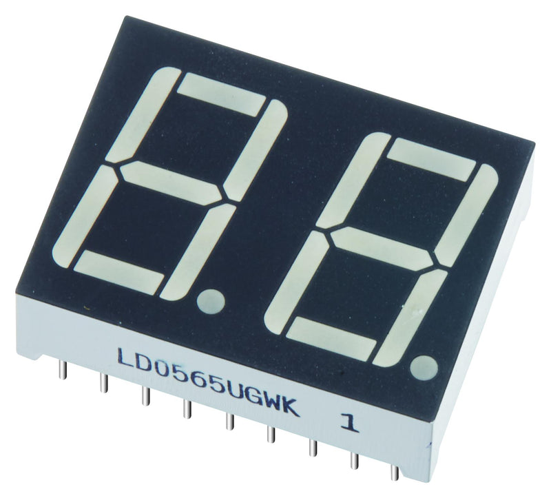 MULTICOMP PRO LD0565GWK 7 Segment LED Display, Green, 20 mA, 2.2 V, 2.2 mcd, 2, 14.2 mm