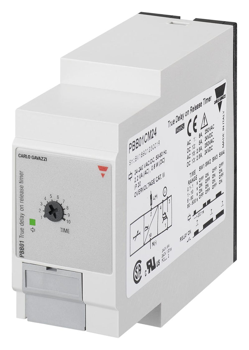 CARLO GAVAZZI PBB01DM24 Analogue Timer, Multi Voltage, PBB01 Series, Delay-On-Release, 4 Ranges, 0.1 s, 600 s