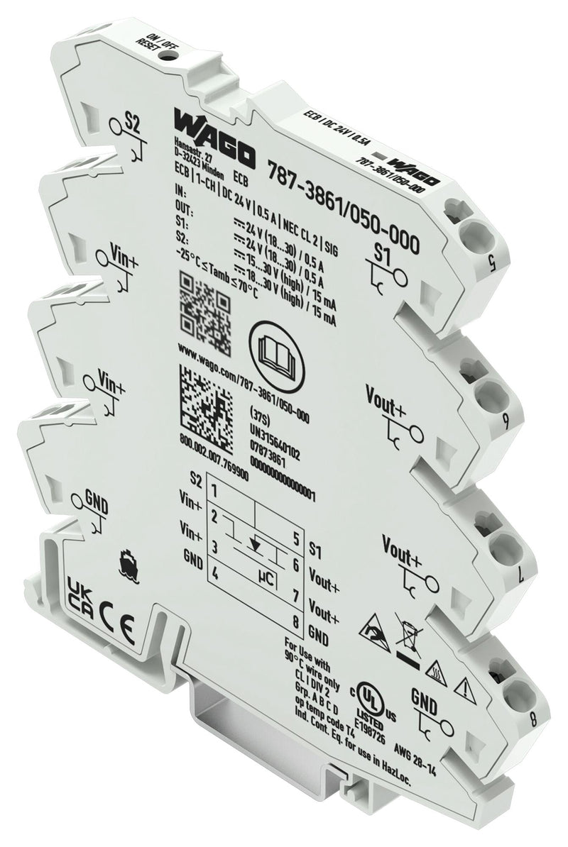 WAGO 787-3861/050-000 Electronic Circuit Breaker, 787 Series, 1 Pole, 24 VDC, DIN Rail, 500 mA
