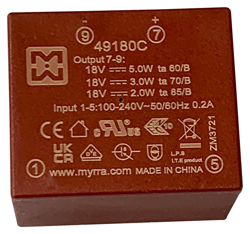 MYRRA 49180C AC/DC PCB Mount Power Supply (PSU), ITE & Household, 1 Output, 5 W, 18 VDC, 280 mA