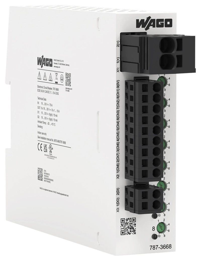 WAGO 787-3668 Electronic Circuit Breaker, 787 Series, 8 Pole, 24 VDC, DIN Rail, 10 A