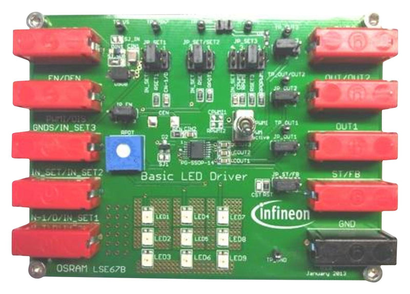INFINEON DEMOBOARDTLD1124ELTOBO1 Demonstration Board, TLD1124EL, 5.5 to 40V in, 1O/P, 40V/0.18A Out, PWM Dimming, Linear, LED Driver SP001147270