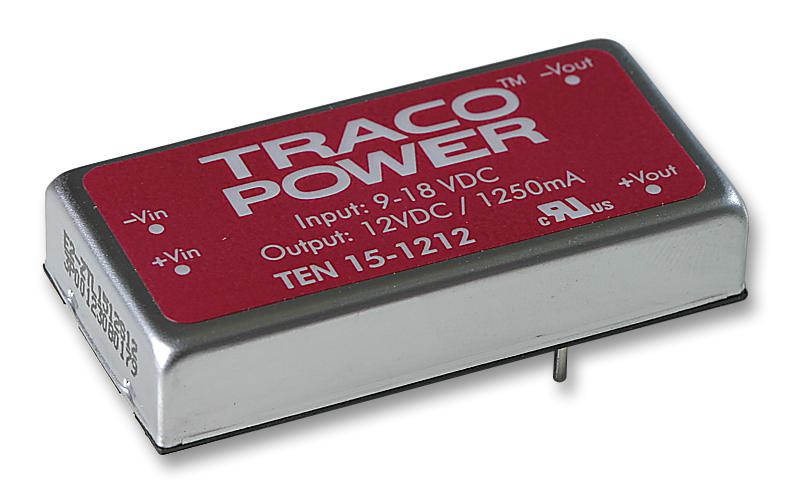 TRACO POWER TEN 15-1212. Isolated Through Hole DC/DC Converter, ITE, DIP, 2:1, 15 W, 1 Output, 12 V