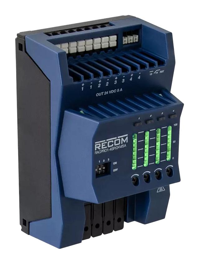 RECOM POWER RACPRO1-4SP/24V/5A Electronic Circuit Breaker, RACPRO1-4SP Series, 20.1 A, 4 Pole, 24 VDC, DIN Rail, 5 A