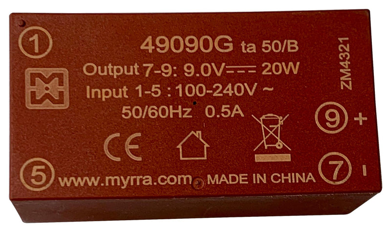 MYRRA 49090G AC/DC PCB Mount Power Supply (PSU), ITE & Household, 1 Output, 20 W, 9 VDC, 2.2 A