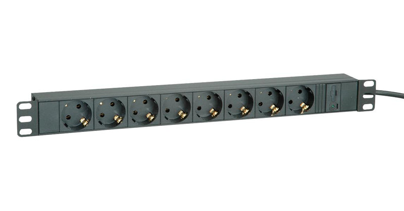 ROLINE 19.07.1623 Extension Lead, 19" Cabinet, ALU, Black, 8 Outlets, Schuko, 10 A, 250 V, IEC 60320 C14, 2 m