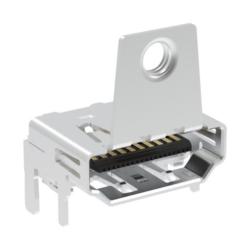 AMPHENOL COMMUNICATIONS SOLUTIONS G45AA1912110B1EU HDMI Connector, w/ Flange Screw Lock, 19 Contacts, Receptacle, PCB Mount, Surface Mount Right Angle