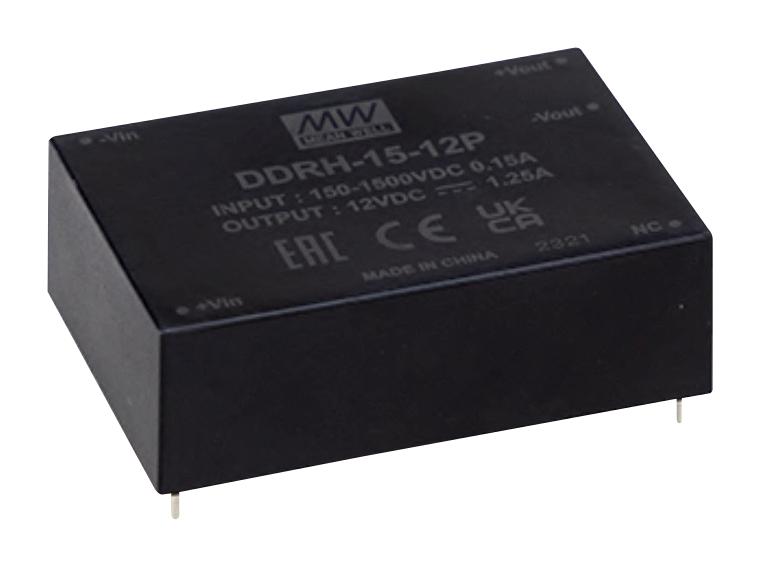 MEAN WELL DDRH-15-15P Isolated Through Hole DC/DC Converter, PCB Mount, ITE & Industrial, DIP, 10:1, 15 W, 1 Output, 15 V