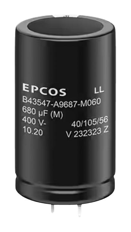 EPCOS B43547A9687M060 Electrolytic Capacitor, 680 &micro;F, 400 V, &plusmn; 20%, Snap-In, 8000 hours @ 105&deg;C