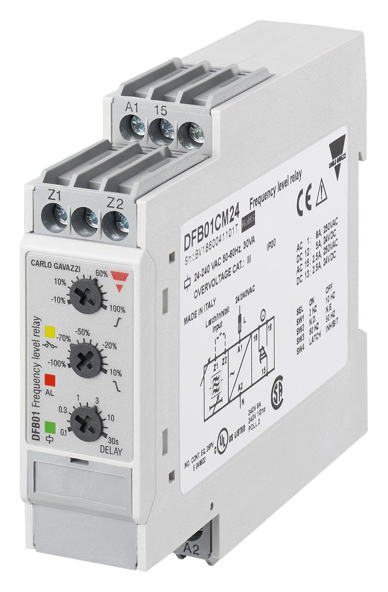 CARLO GAVAZZI DFB01CM24 Monitoring Relay, 240VAC Supply, 250V/8A Contact, SPDT, DIN Rail Mount, Screw Terminal