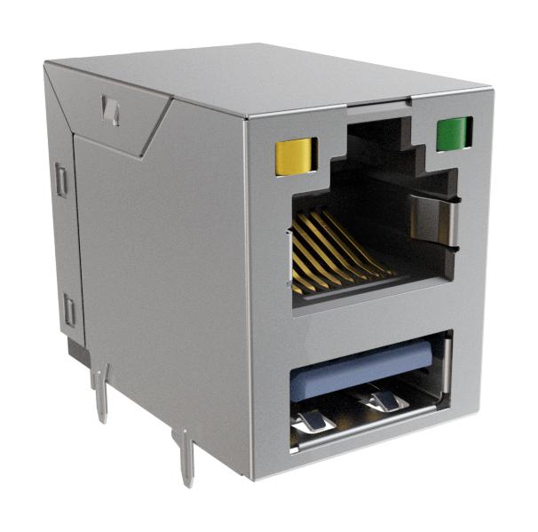 AMPHENOL COMMUNICATIONS SOLUTIONS RJE361882417 Modular Connector, RJ45 Jack with USB, 2 x 1 (Stacked), 8P8C, Cat3, Cat5, PCB Mount