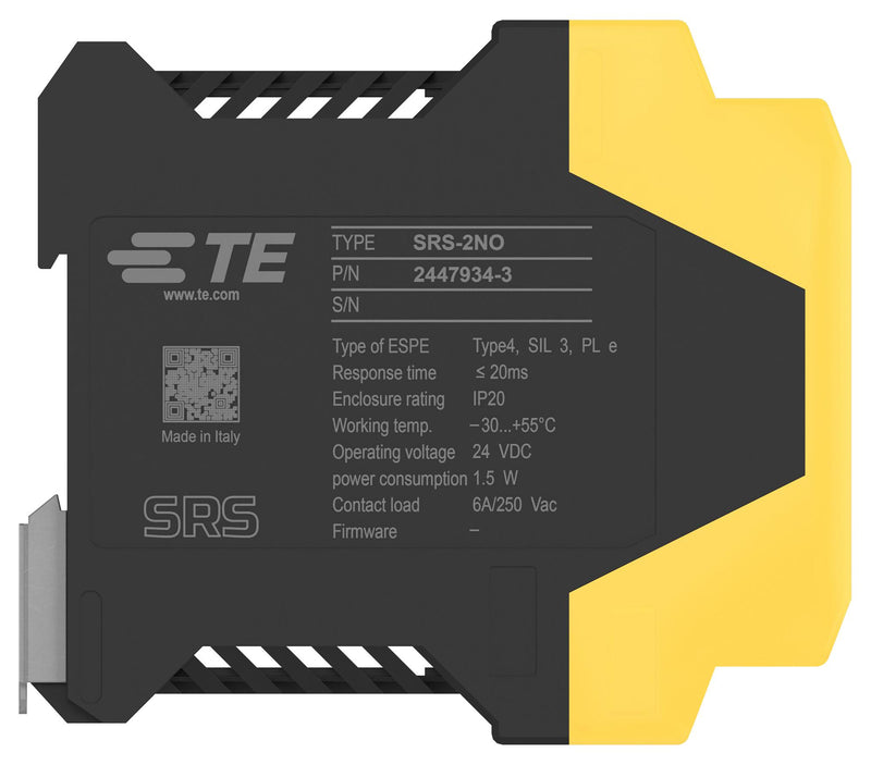 TE CONNECTIVITY SRS-2NO Safety Relay, 24 VDC, DPST-NO, SRS Series, DIN Rail, 6 A, Screw Clamp