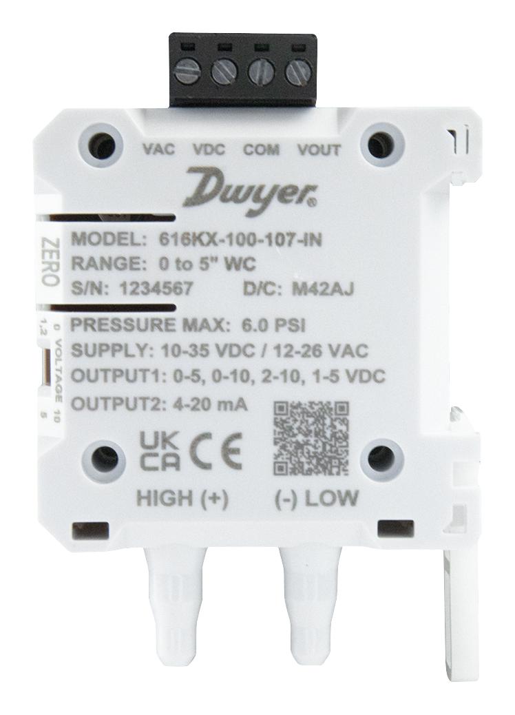 DWYER 616KX-200-209-IN Pressure Transmitter, 0 to 15 Inch-H2O, &plusmn; 2%, Differential, Bi-Directional, Air/Non-Combustible Gas