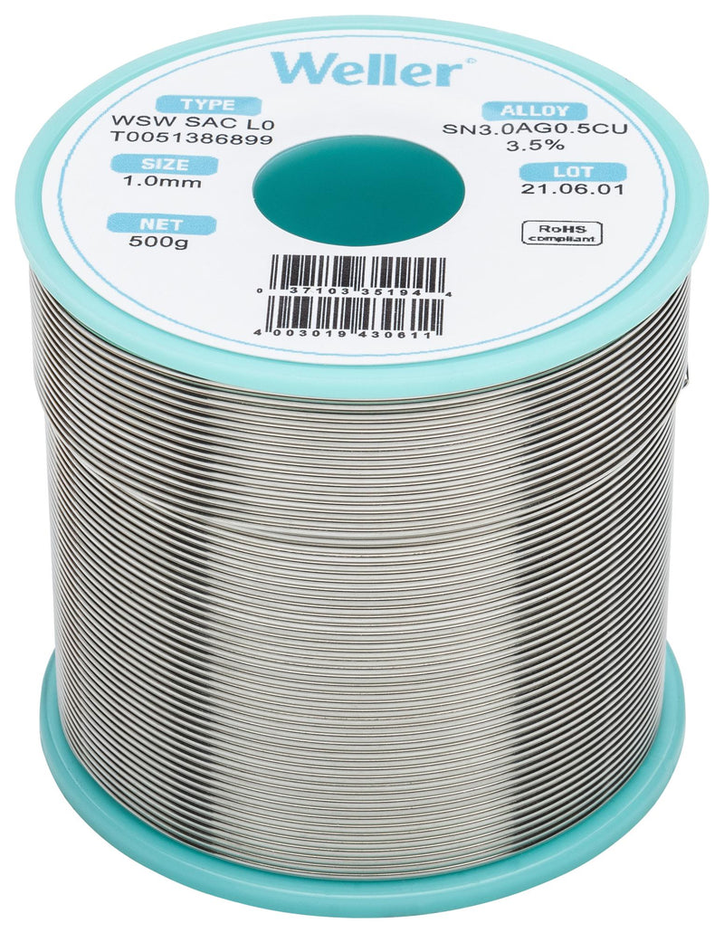 WELLER T0051386899 Solder Wire, 96.5/3/0.5, 1mm Diameter, 221&deg;C, 500g