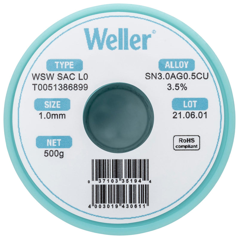 WELLER T0051386899 Solder Wire, 96.5/3/0.5, 1mm Diameter, 221&deg;C, 500g
