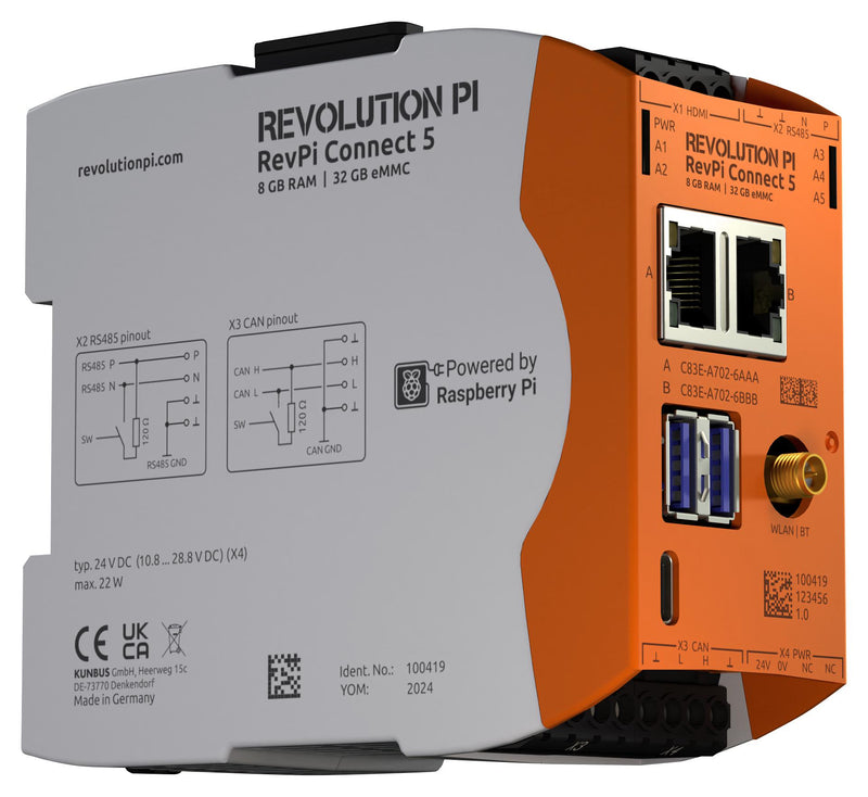 KUNBUS PR100419 RevPi Connect 5 Base Module, 8GB, 10.8 to 28.8V in, 4 Core, ARM Cortex-A76, CAN/RS485/WLAN+BT