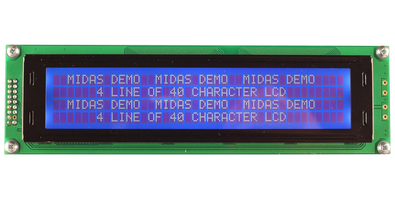 Midas Displays MC44005A6W-BNMLWS-V2 MC44005A6W-BNMLWS-V2 Alphanumeric LCD 40 x 4 White on Blue 5V SPI English Japanese Transmissive