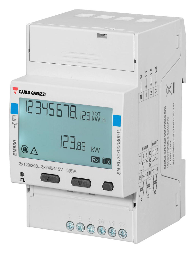 CARLO GAVAZZI EM530DINAV53XO1X Energy Meter, 2/3-Phase, 120 VAC to 240 VAC/208 VAC to 415 VAC, Digital Output, EM530 Series