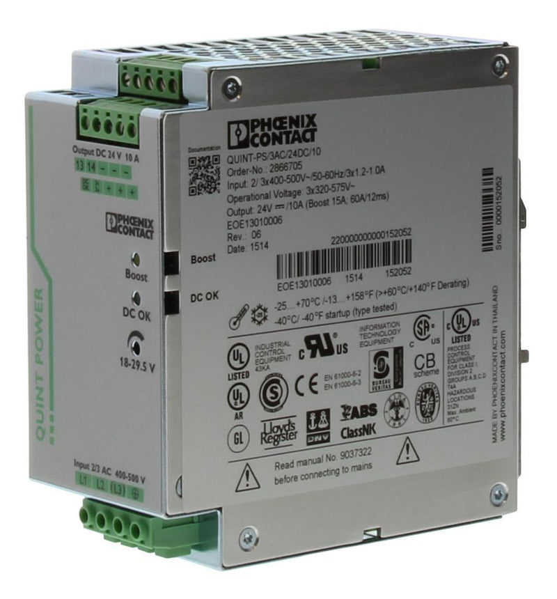 PHOENIX CONTACT QUINT-PS/3AC/24DC/10 AC/DC DIN Rail Power Supply (PSU), ITE, 1 Output, 240 W, 24 VDC, 10 A 2866705, GTIN UPC EAN: 4046356152891