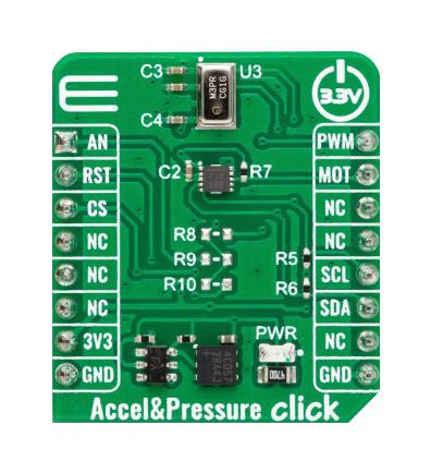 MIKROELEKTRONIKA MIKROE-6028 Add-On Board, Accel & Pressure Click, MikroE mikroBUS Compatible Development Boards