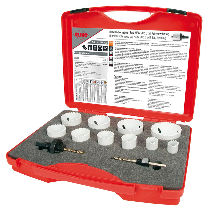 RUKO 126303 Hole Saw Set, Bi-Metal, 12 Pieces