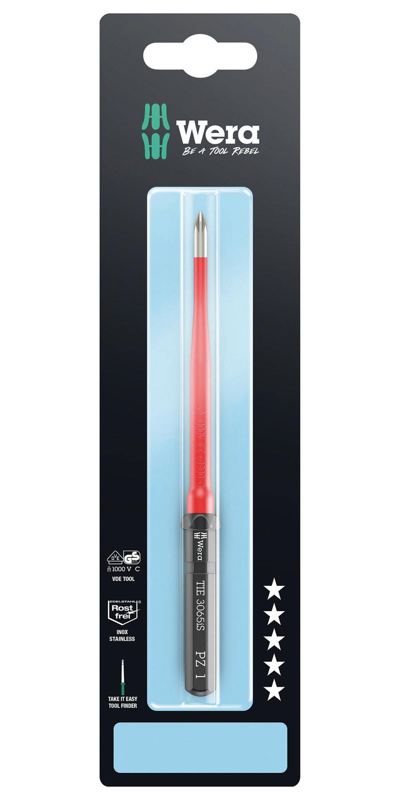 WERA K K VDE 3065 IS PZ 1 X 157MM TIE SB Interchange Screwdriver, VDE, Pozidriv, Stainless Steel, PZ 1 x 157 mm
