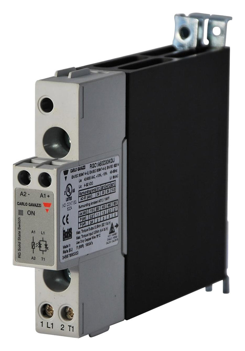 CARLO GAVAZZI RGC1A60D30KGU Solid State Contactor, 1 Pole, 30 A, 660 VAC, 32 VDC, Zero Crossing, DIN Rail, Panel
