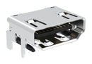 AMPHENOL COMMUNICATIONS SOLUTIONS G45AA1902110GZ3HR HDMI Connector, w/ Flange Screw Lock, 19 Contacts, Receptacle, PCB Mount, Surface Mount Right Angle