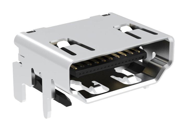 AMPHENOL COMMUNICATIONS SOLUTIONS G45AA1902110GZ3HR HDMI Connector, w/ Flange Screw Lock, 19 Contacts, Receptacle, PCB Mount, Surface Mount Right Angle