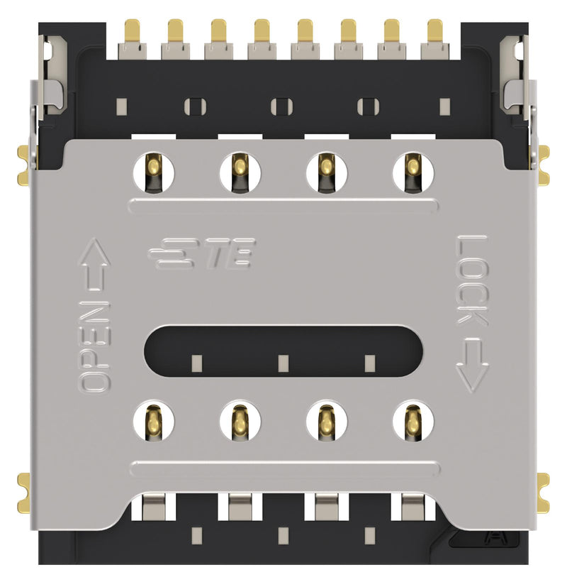 TE CONNECTIVITY 2499165-1 Memory Card Connector, Micro SIM, Hinged, 8 Contacts, Copper Alloy