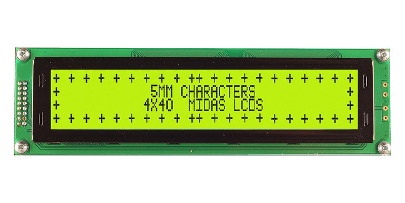 Midas Displays MC44005A6W-SPTLYS-V2 MC44005A6W-SPTLYS-V2 Alphanumeric LCD 40 x 4 Black on Yellow / Green 5V SPI English Japanese Transflective