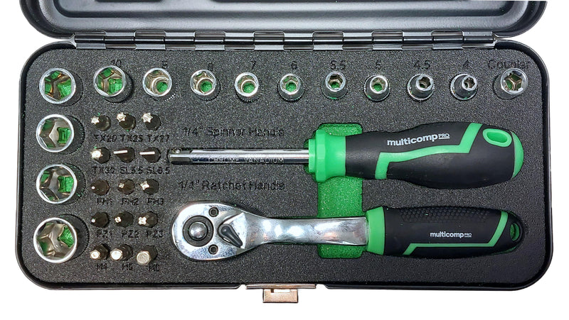 MULTICOMP PRO MP14-SS23018D Socket Tool Set, 1/4" Drive, Hex/Phillips/Slotted Bits/Coupler/Ratchet Handle/Bit Holder, 32 Pieces