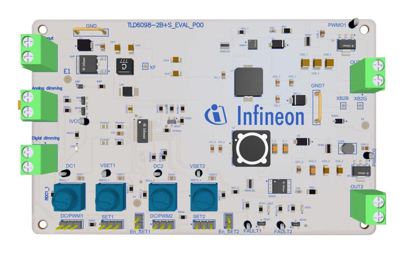 INFINEON TLD60982BSEVALTOBO1 Evaluation Board, TLD6098-2ES, 8-27V in, 2O/P, 44V/1.5A Out, Analogue, Digital Dimming, Boost, SEPIC SP005856683