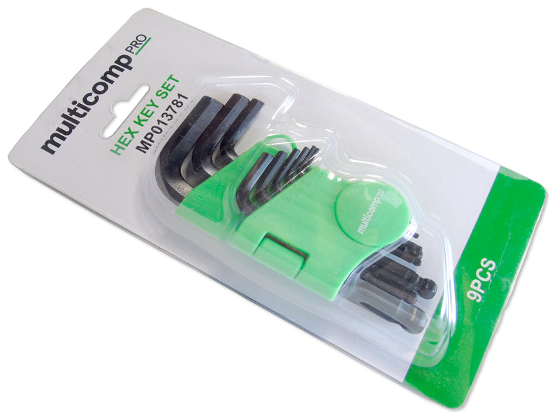 MULTICOMP PRO MP013781 Hex Key Set, 9 Pieces of 1.5/2/2.5/3/4/5/6/8/10mm Ball End Keys, Carbon Steel